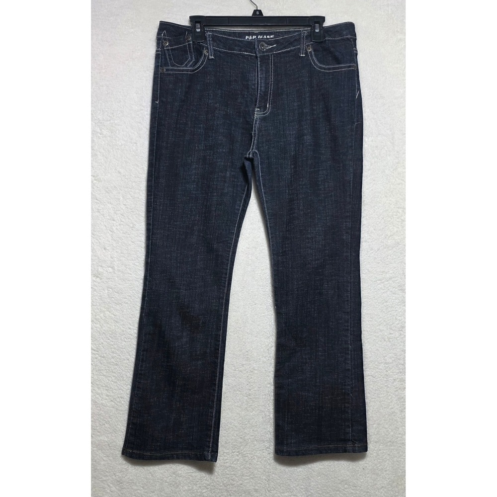 P&P Jeans Women 15/16 Dark Wash Bootcut Denim Contrast Stitch Embroidered Indigo